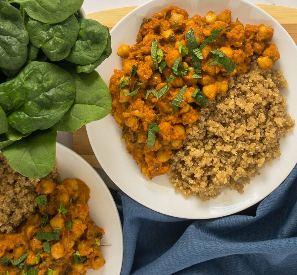 channa masala and quinoa with spinach