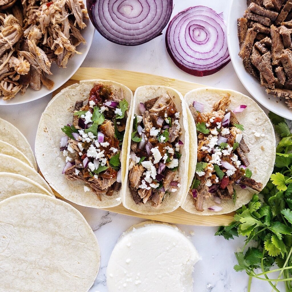 pulled pork and steak tacos