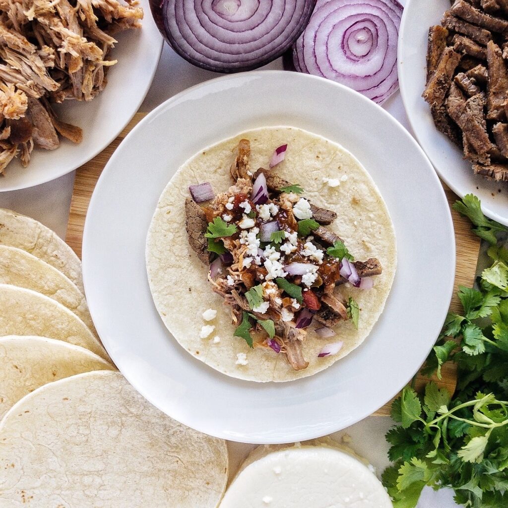 pulled pork and steak tacos