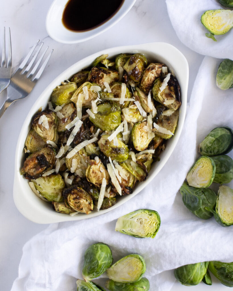 brussel spouts in a white oval bowl